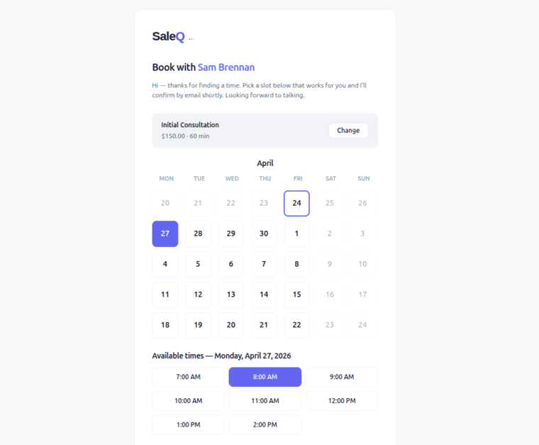 Public booking page — prospects pick a time and leave a deposit