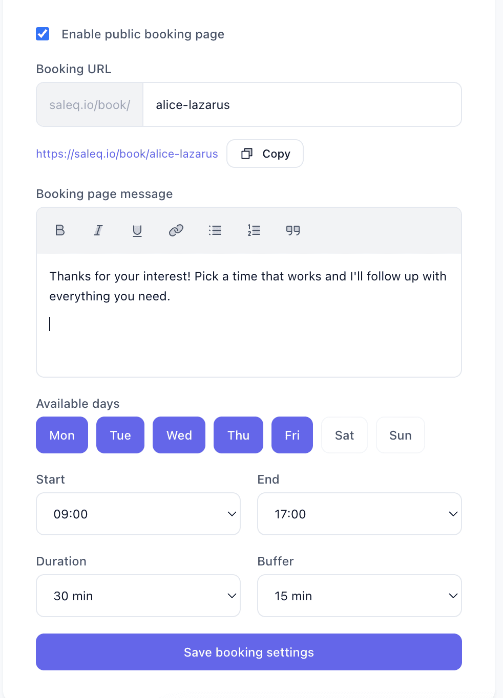 Booking calendar configuration in profile settings