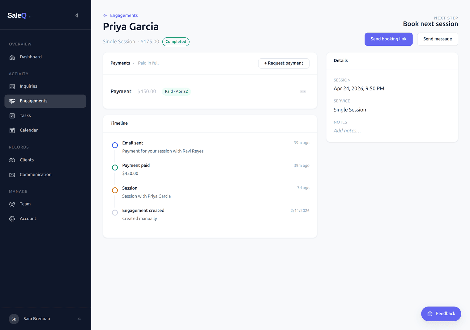 Engagement detail — deposit tracking, timeline, and payment