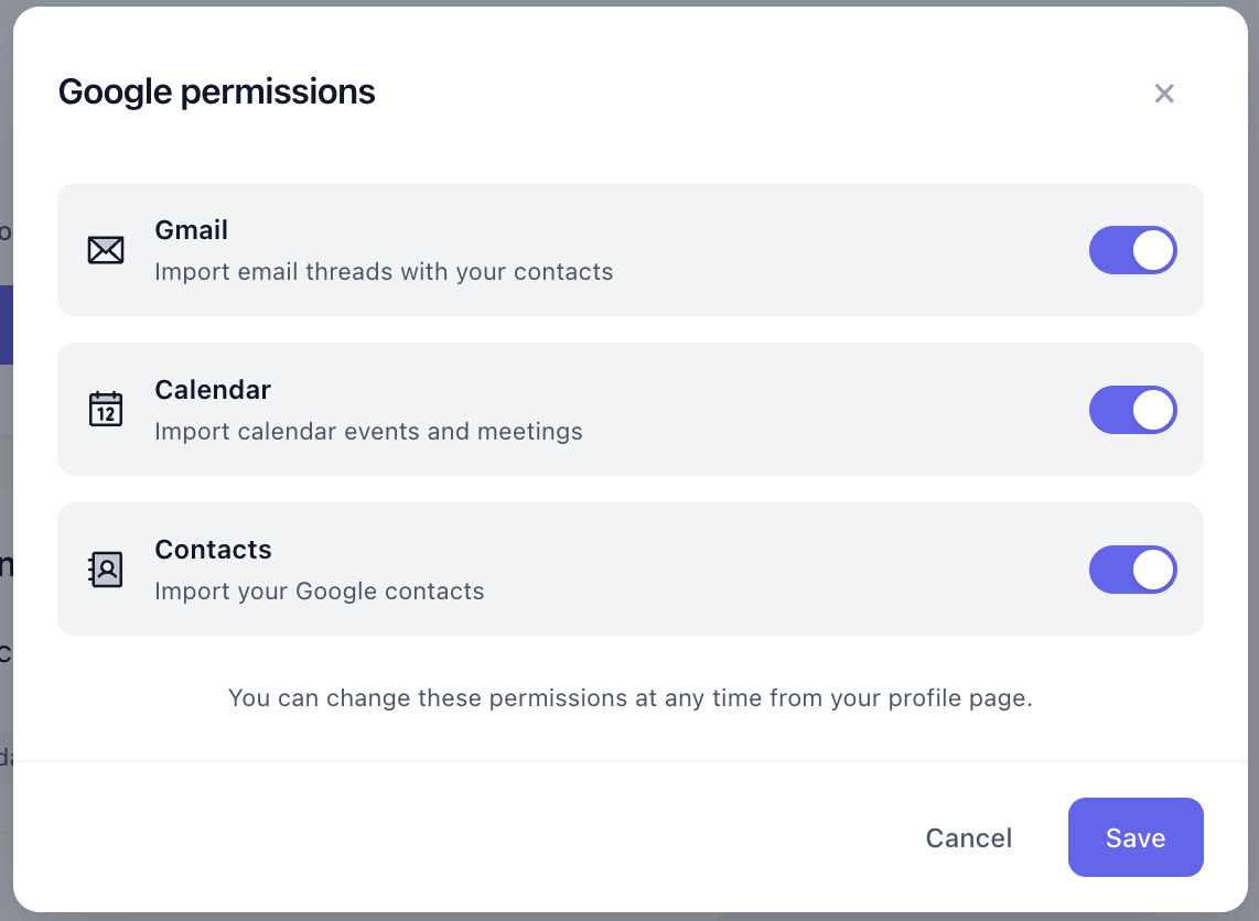 Google connection modal with permission toggles