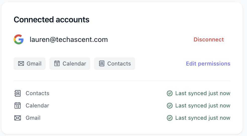 Profile showing connected Google account with sync timestamps