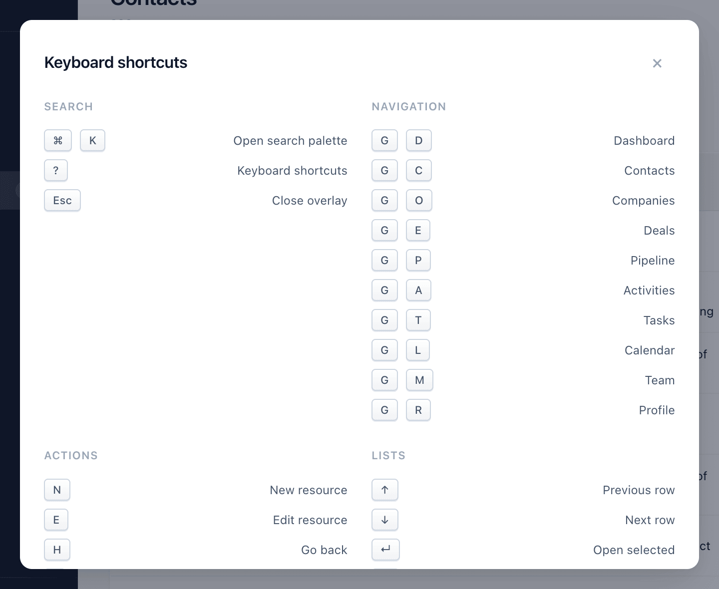 Help menu showing all keyboard shortcuts