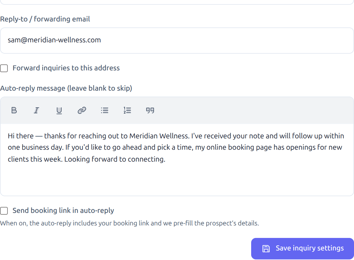 Auto-reply settings — instant reply with your booking link