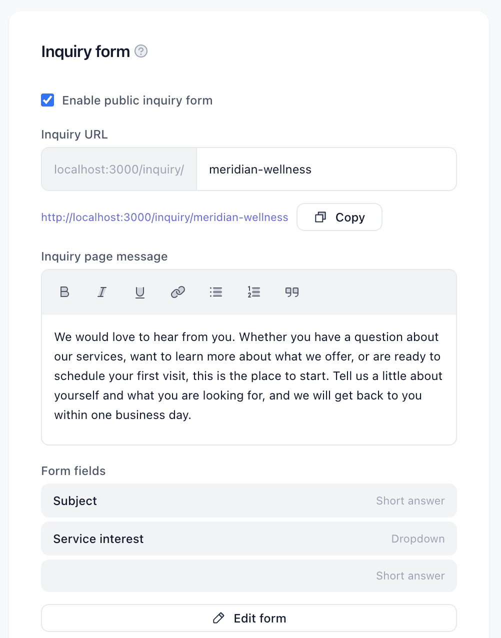 Inquiry form settings showing custom field configuration
